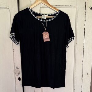 Black Short-Sleeve Top with Gingham Trim